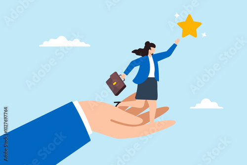 Flat illustration of businesswoman reaches for star with help of supporting hand symbolizing empowerment
