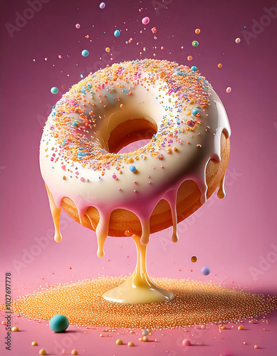 Whimsical 3D illustration of a bitten porcelain donut with pastel pistachio cream and gold sprinkles