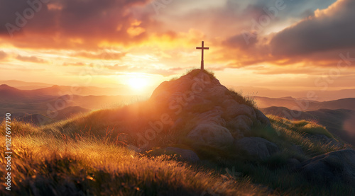 A beautiful sunrise over the British countryside, with a cross on top of a mountain peak