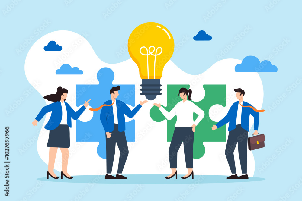Flat illustration of business people connect lightbulb jigsaw puzzle brainstorming solutions through teamwork Flat illustration of business people connect lightbulb jigsaw puzzle brainstorming solutions through teamwork