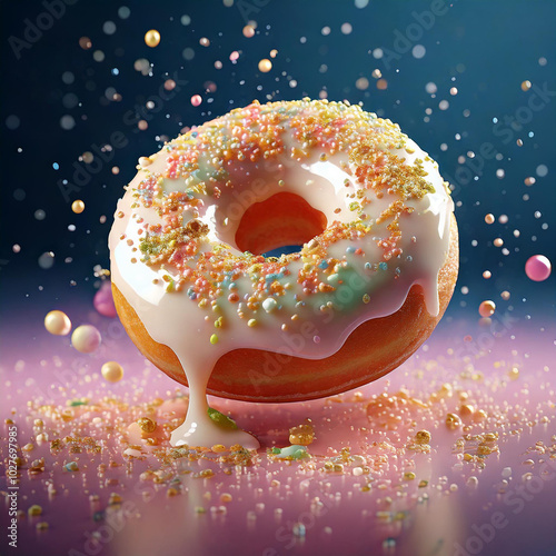 Whimsical 3D illustration of a bitten porcelain donut with pastel pistachio cream and gold sprinkles