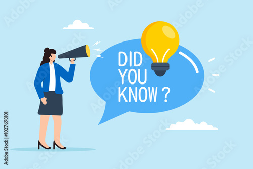 Flat illustration of woman speaks on megaphone with Did You Know speech bubble sharing fun facts and advice