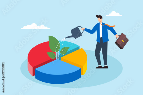 Flat illustration of businessman watering investment portfolio pie chart symbolizing growing passive income