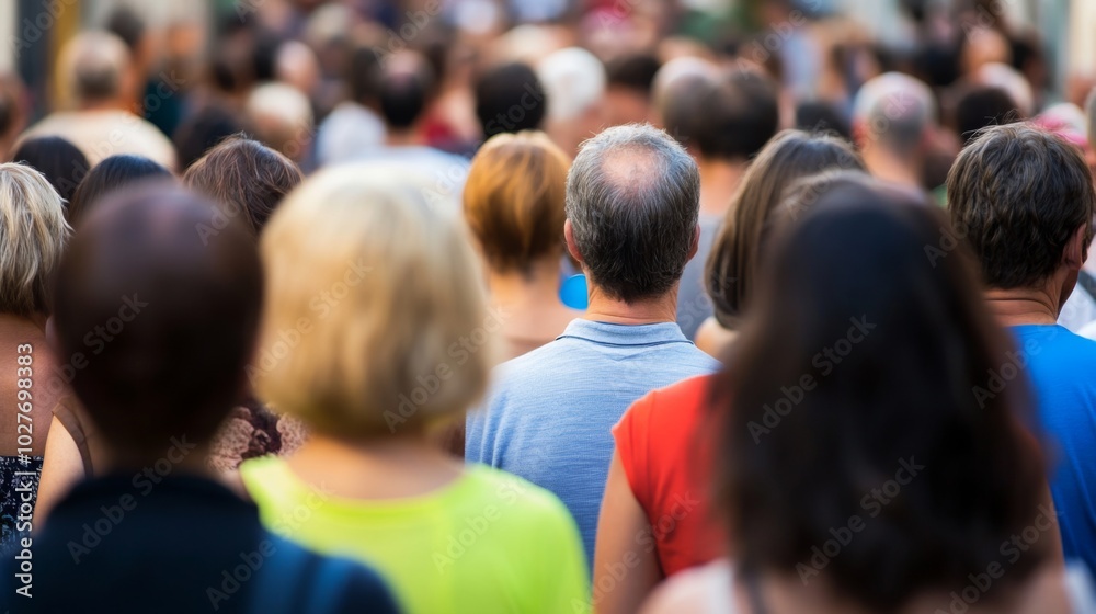 Fototapeta premium A Vivid Crowded Urban Street Scene, Displaying Diverse Faces Across Multiple Age Groups and Ethnicities, Highlighting the Aging Society Issue, Providing Extensive Copy Space for Text or Design Element