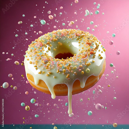Whimsical 3D illustration of a bitten porcelain donut with pastel pistachio cream and gold sprinkles
