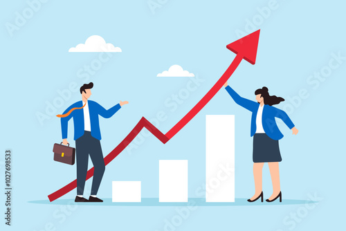 Flat illustration of businessman and businesswoman team up to grow rising arrow chart symbolizing growth strategy