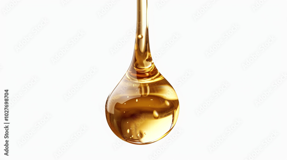 Macro shot of a drop of essential liquid oil. Falling drop of golden oil isolated on a white background Macro shot of a drop of essential liquid oil. Falling drop of golden oil isolated on a white background