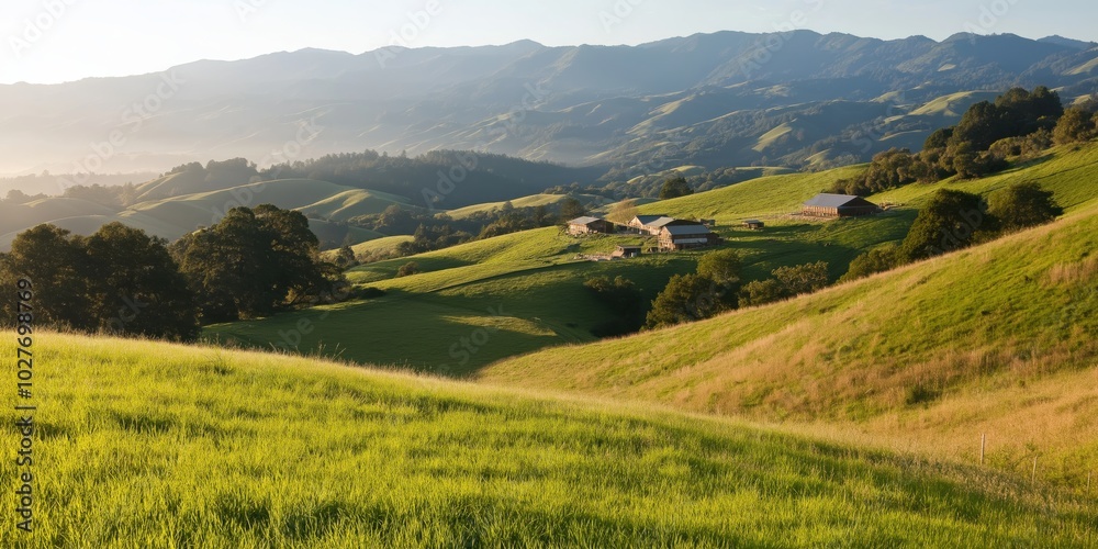 Obraz premium Rolling green hills dotted with farmhouses bask under a clear sky, evoking a sense of tranquility, prosperity, and the harmonious beauty of rural landscapes.