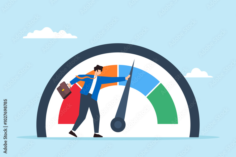 Obraz premium Flat illustration of businessman pushing performance gauge increasing skill levels and customer satisfaction