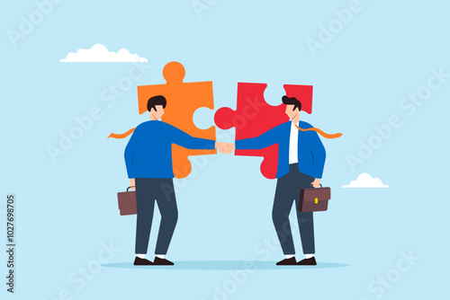 Flat illustration of businessman shakes hands connecting jigsaw pieces symbolizing partnership and cooperation