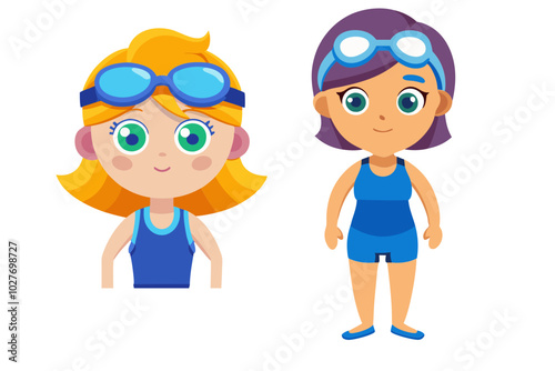 Two girls full and half image in swimming swuite Vector illustration with grouped  image 