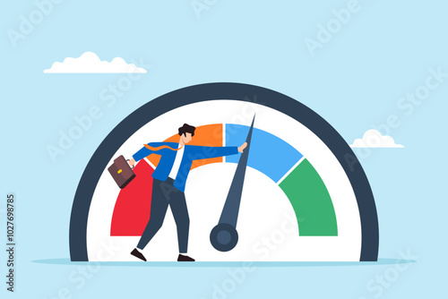 Flat illustration of businessman pushing performance gauge increasing skill levels and customer satisfaction