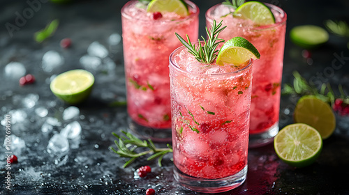 A Vibrant Pink Cocktail with Ice Cubes, Garnished with Fresh Fruit Slices and Aromatic Herbs, Perfect for Summer Parties, Celebrations, and Refreshing Moments, Highlighting Concepts of Relaxation, Ind