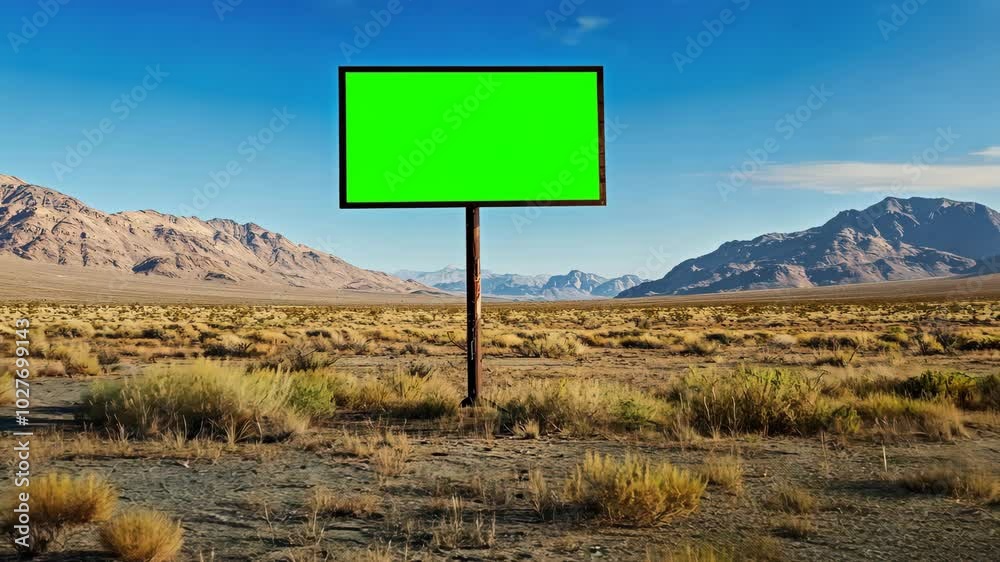 Green screen billboard surrounded by mountains and sparse vegetation. The expansive setting highlights nature's tranquility.