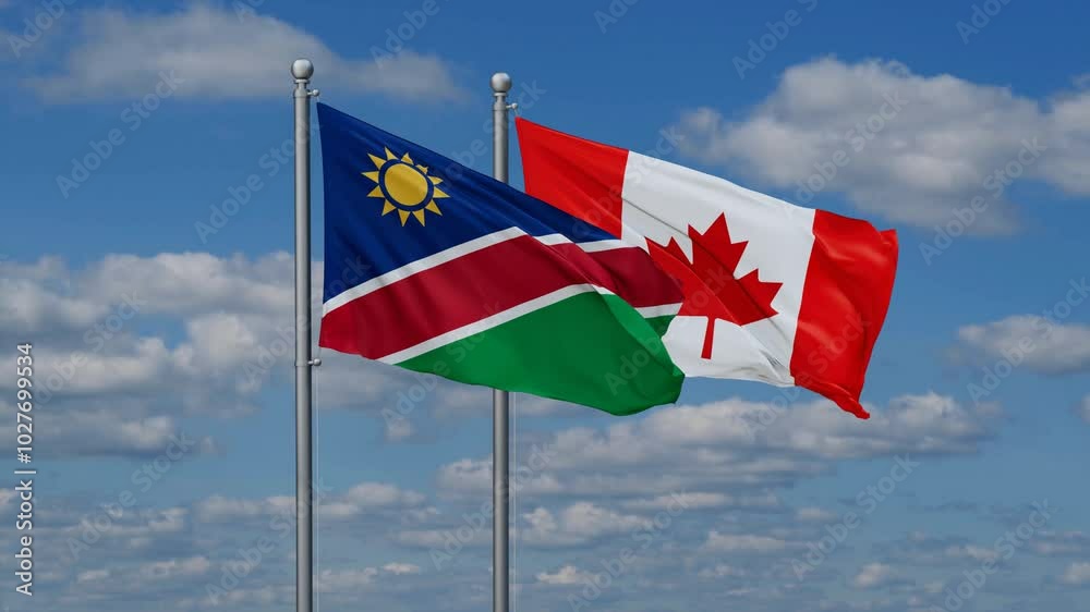 Canada and Namibia flags flying together, video concept of the relationship, two country cooperation concept