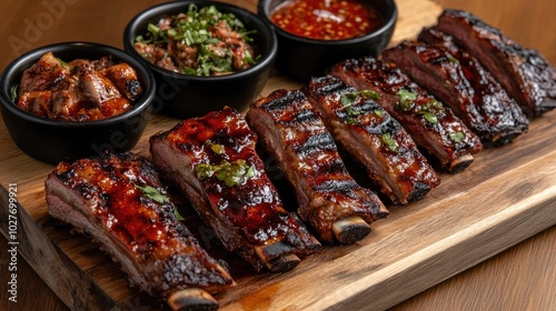 Grilled Rib Rack with Sauces on Wooden Platter