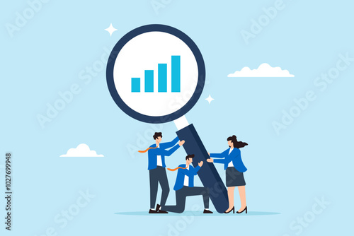 Flat illustration of business people hold magnifying glasses analyzing data charts for marketing optimization