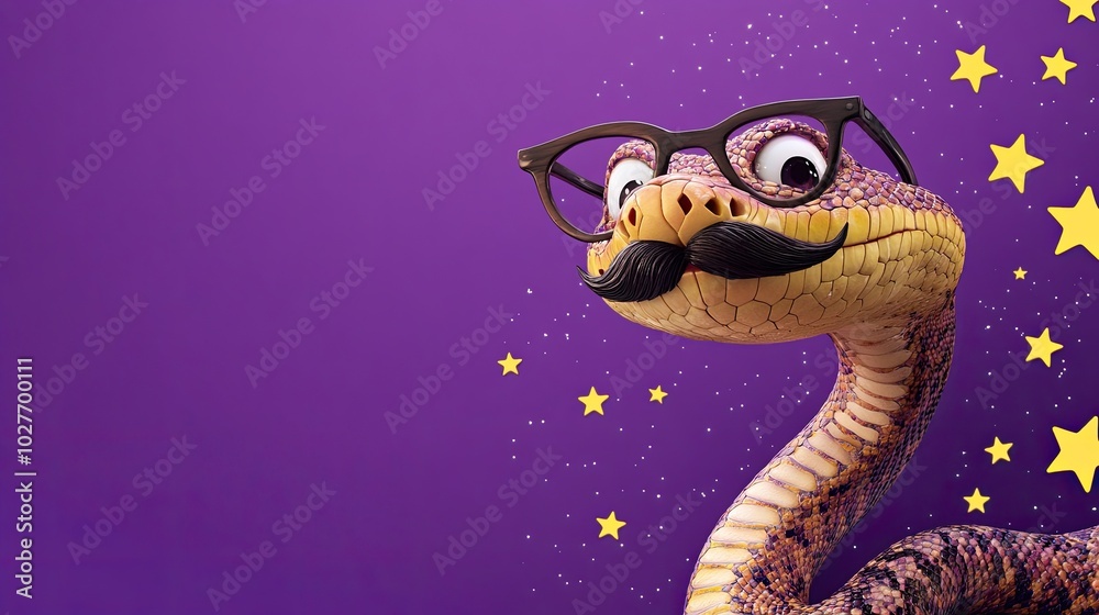 Fototapeta premium A cheerful snake, adorned with stylish glasses and a playful mustache, seems to delight in a starry night