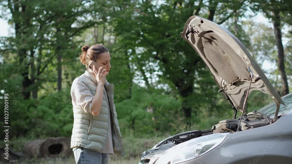 A young Caucasian woman calls the garage while standing in front of a broken car's open hood on the forest road. A young Caucasian woman calls the garage while standing in front of a broken car's open hood on the forest road.