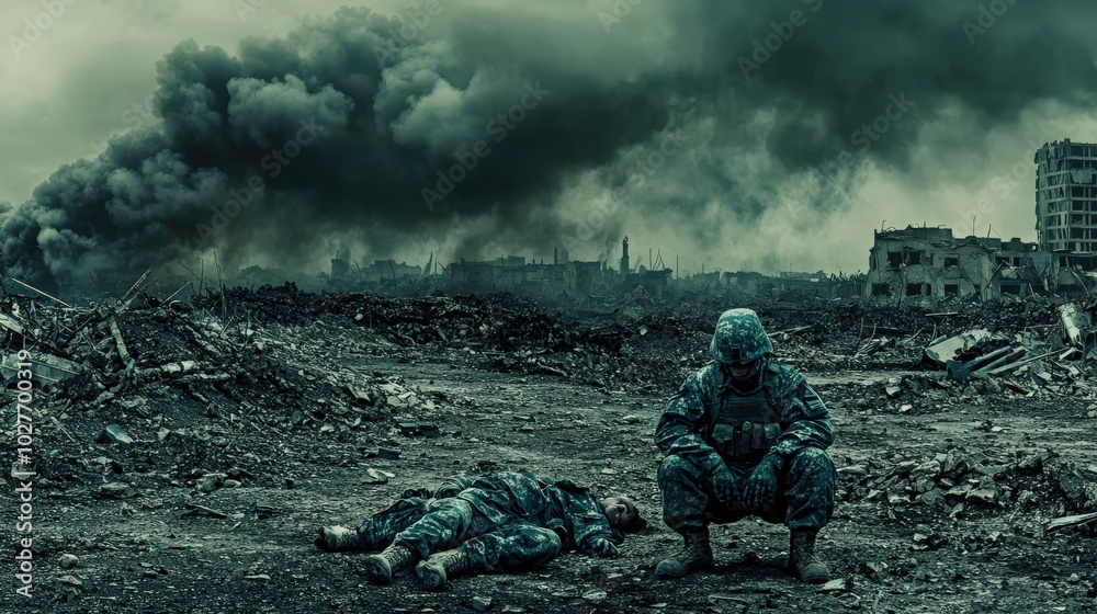 Soldier looking at a fallen comrade in a war-torn, destroyed city with a gloomy sky Soldier looking at a fallen comrade in a war-torn, destroyed city with a gloomy sky