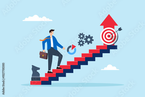 Flat illustration of businessman walks up strategy stairs developing plan for business improvement