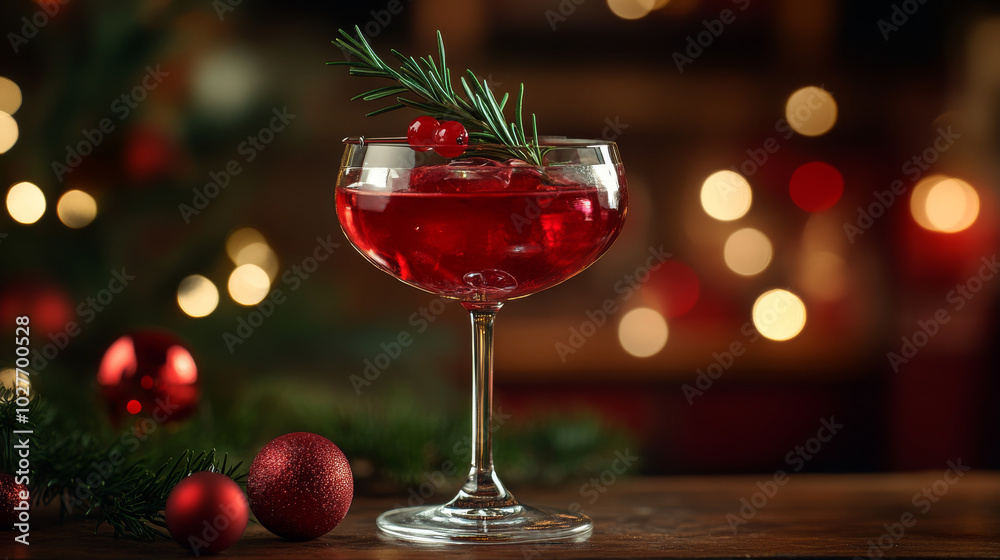 A cranberry Christmas cocktail with rosemary, served on a festive winter holiday-decorated table. The scene is captured from the front, with a dark background enhancing the cozy, seasonal atmosphere.
A cranberry Christmas cocktail with rosemary, served on a festive winter holiday-decorated table. The scene is captured from the front, with a dark background enhancing the cozy, seasonal atmosphere.