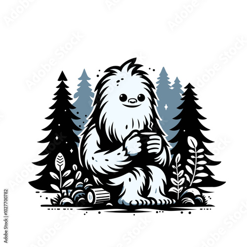 Mysterious beast modern style yeti mascot drinking coffee	

