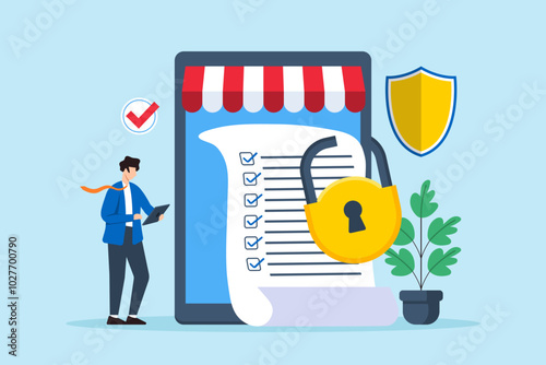 Flat illustration of businessman checking secured online transaction on tablet with padlock