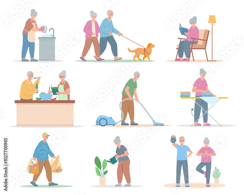 Senior people daily life, leisure and household activities, hobbies set. Elderly men and women cleaning home, cooking, walking, reading and exercising. Characters Vector illustration.