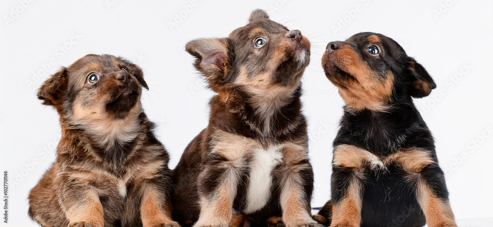 Tre cuccioli di cane guardano in su. sfondo bianco Tre cuccioli di cane guardano in su. sfondo bianco