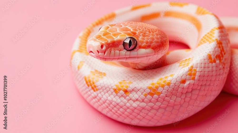 Fototapeta premium This playful snake curls charmingly, its cheeky eye glinting against a soft pink canvas around it