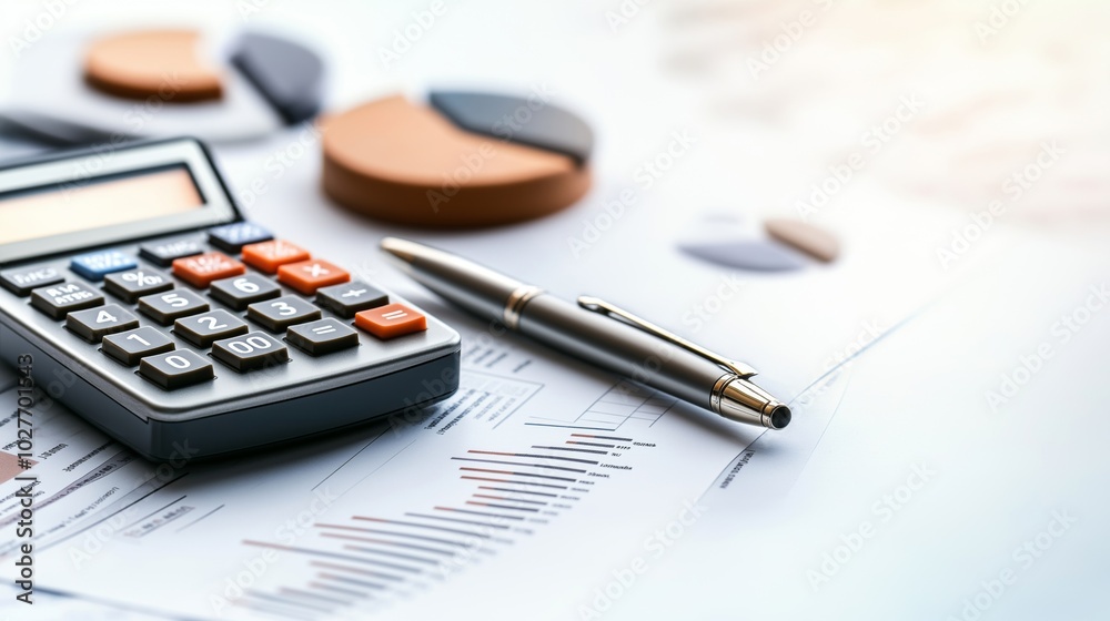 A close-up view of an accountant's workspace with a calculator, pen, and printed financial reports, including charts and graphs, suggesting analysis and data-driven decision making