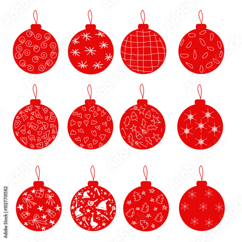 Set di palline rosse di Natale con decorazioni bianche 