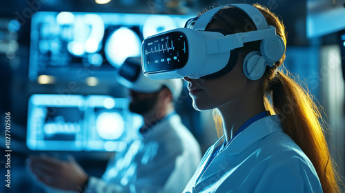 A doctor team uses futuristic virtual reality glasses and interactive screens for diagnosing diseases and assessing patient health. In a hospital surgical room, they employ 3D VR headsets to enhance d photo