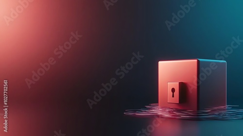 Secure vault concept with a cube-shaped safe on a reflective surface, illuminated by gradient lighting. Symbolizes security and protection. photo