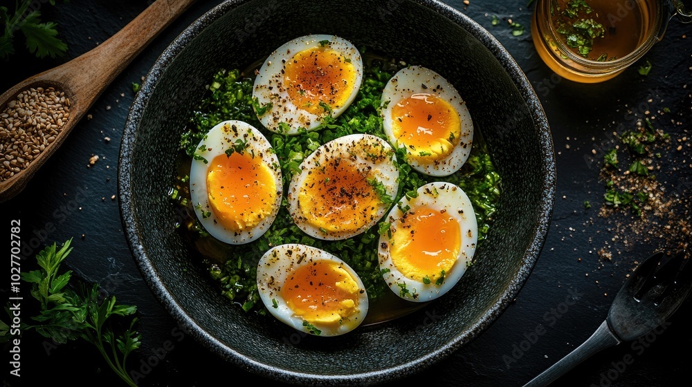 Fresh Delicately Cooked Eggs with Herbs and Seeds Fresh Delicately Cooked Eggs with Herbs and Seeds