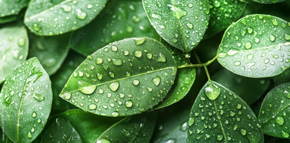 Fototapeta premium Dew drops on green leaves in a lush forest after rainfall.