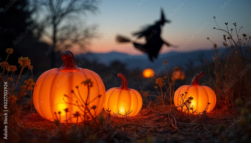 glowing pumpkins in meadow, witch on broom against sunset, Happy Halloween concept. glowing pumpkins in meadow, witch on broom against sunset, Happy Halloween concept.