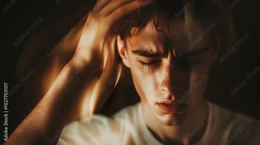 Close up of a young man holding his head with his hand, experiencing a severe headache and feelings of sadness and despair Close up of a young man holding his head with his hand, experiencing a severe headache and feelings of sadness and despair