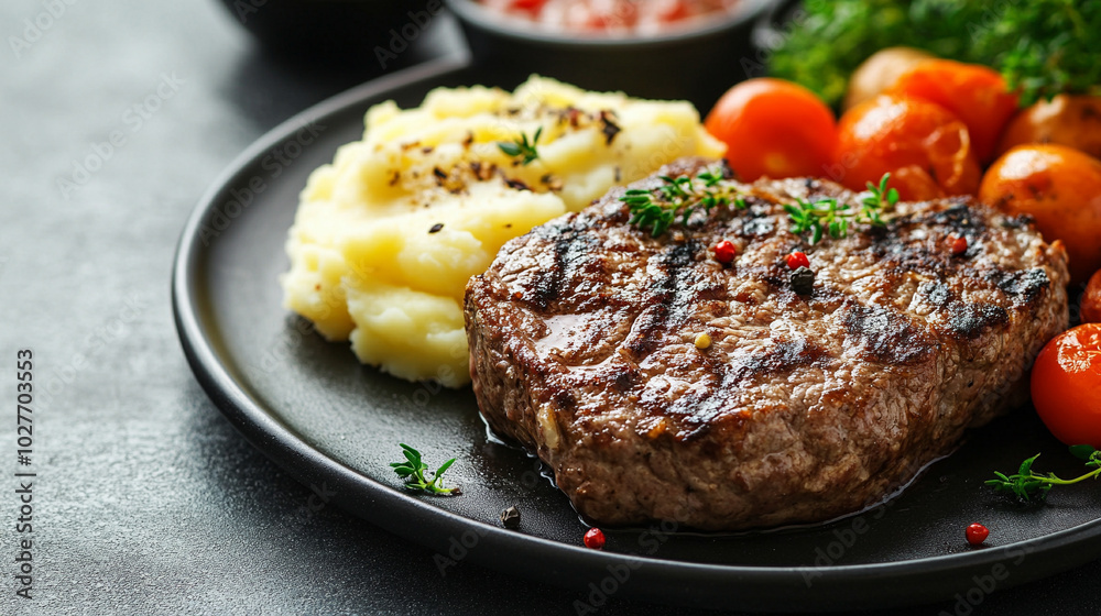 plate of meat accompanied by creamy mashed potatoes, exuding warmth and comfort, symbolizes home-cooked meals, nourishment, and the joy of sharing good food with loved ones plate of meat accompanied by creamy mashed potatoes, exuding warmth and comfort, symbolizes home-cooked meals, nourishment, and the joy of sharing good food with loved ones