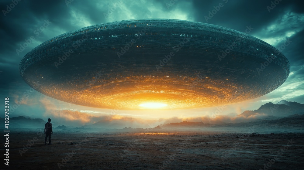 A man stands in front of a large, glowing, alien-like object A man stands in front of a large, glowing, alien-like object