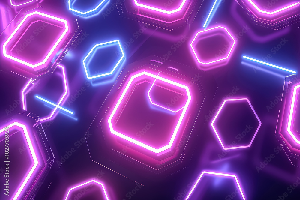 Colorful, neon-lit background with a variety of hexagonal shapes. The shapes are illuminated in different colors, creating a dynamic and energetic atmosphere. Scene is one of excitement and vibrancy Colorful, neon-lit background with a variety of hexagonal shapes. The shapes are illuminated in different colors, creating a dynamic and energetic atmosphere. Scene is one of excitement and vibrancy