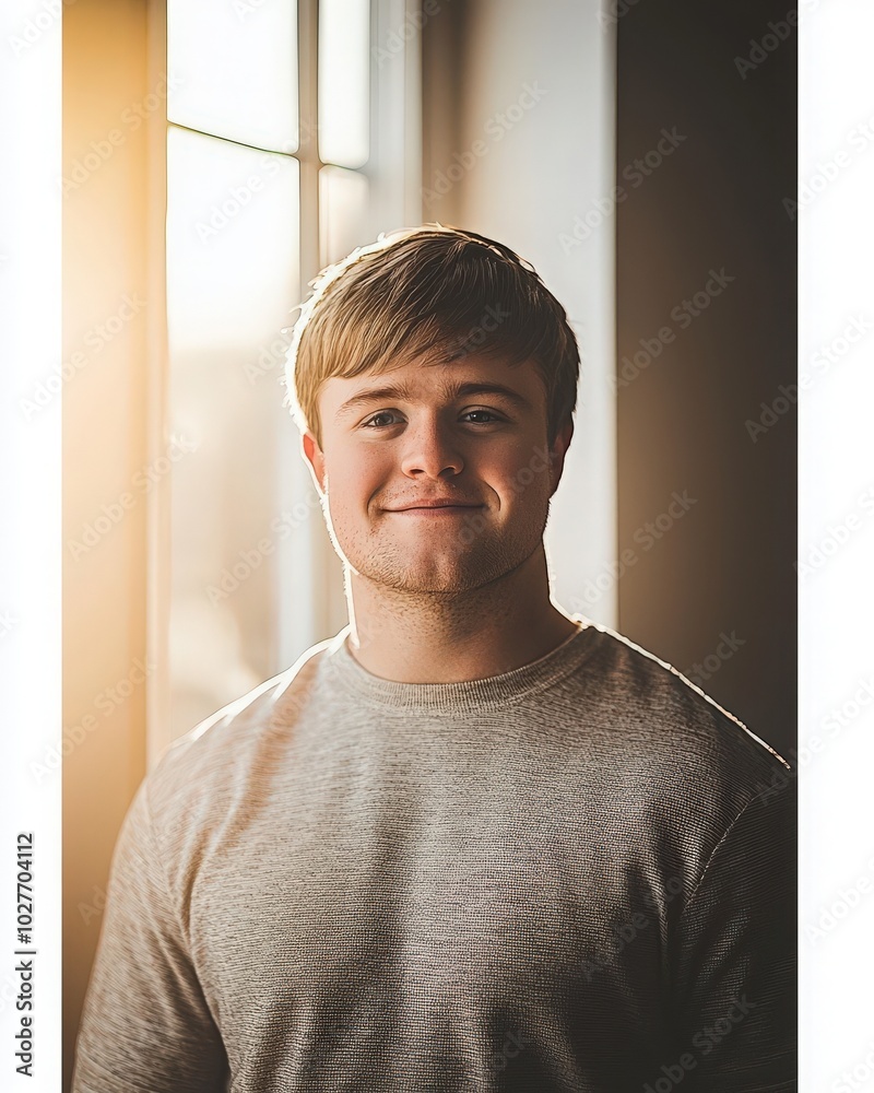 Cheerful young man with Down syndrome smiling by a sunlit window in a cozy room
