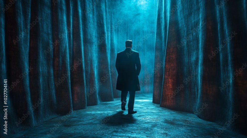A man is walking through a dark, narrow tunnel