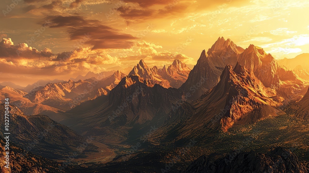 Naklejka premium Majestic Jagged Mountain Peaks at Sunset