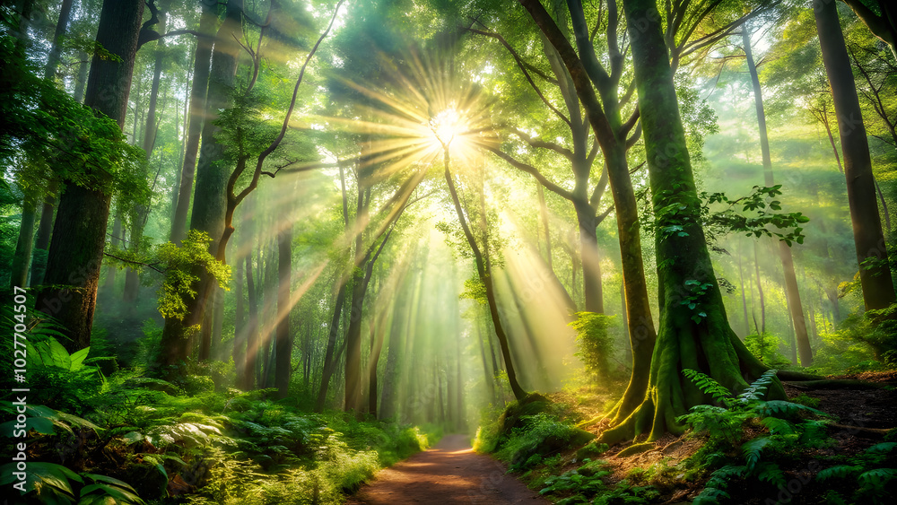 Dense Forest with Sunlight Rays. Perfect for: National Forest Day, Earth Day, Discovery Walks Dense Forest with Sunlight Rays. Perfect for: National Forest Day, Earth Day, Discovery Walks