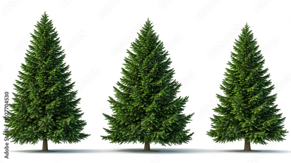 Three evergreen trees are lined up in a row, with the tallest one in the middle Three evergreen trees are lined up in a row, with the tallest one in the middle
