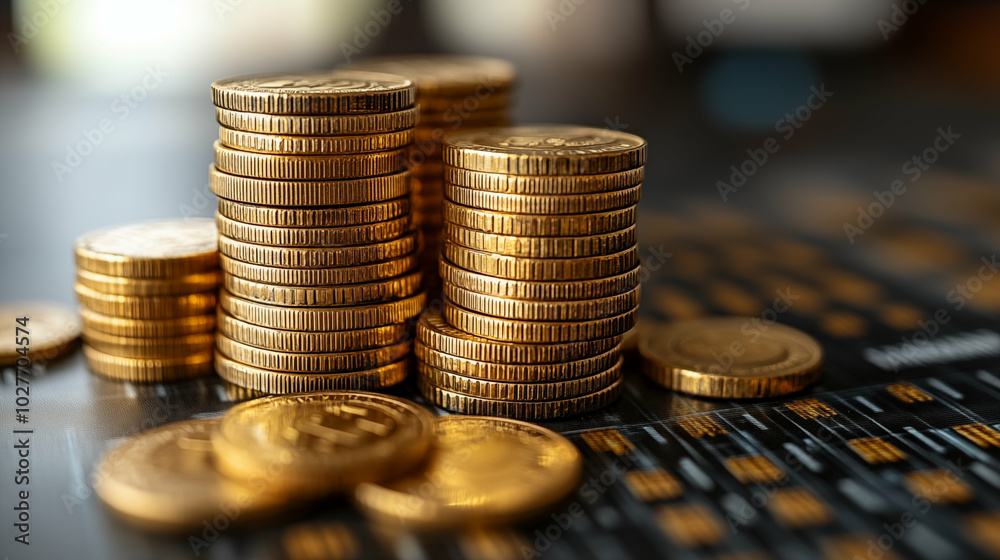 Stacks of golden coins on financial chart, cryptocurrency or investment concept Stacks of golden coins on financial chart, cryptocurrency or investment concept
