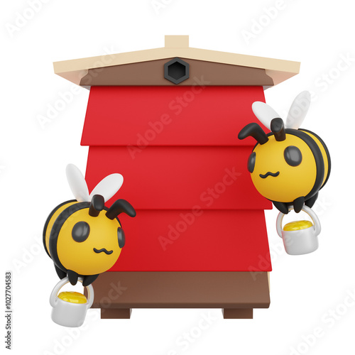 A cute 3D illustration of a little bee house, with two adorable bees carrying honey in small buckets. 3D render.