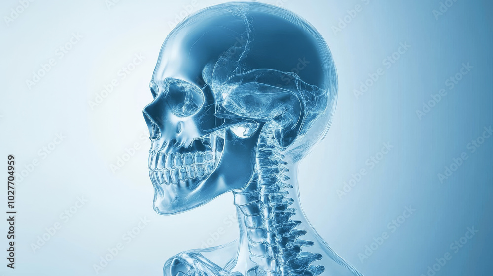 A 3D rendered design of a skeletal structure in an X-ray style, showcasing the human skeleton in intricate detail. The bones are depicted in a translucent or glowing blue hue, mimicking the appearance